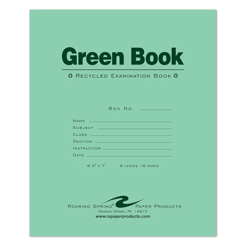 Roaring Spring Green Exam Book, Wide Ruled, 8.5 x 7 - 8 Sheets